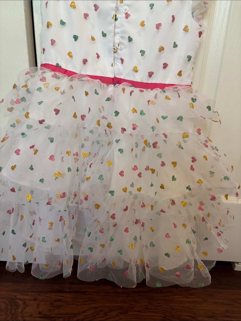 White Tulle Heart Print Party Dress with Pink Waist - Picture 8 of 8